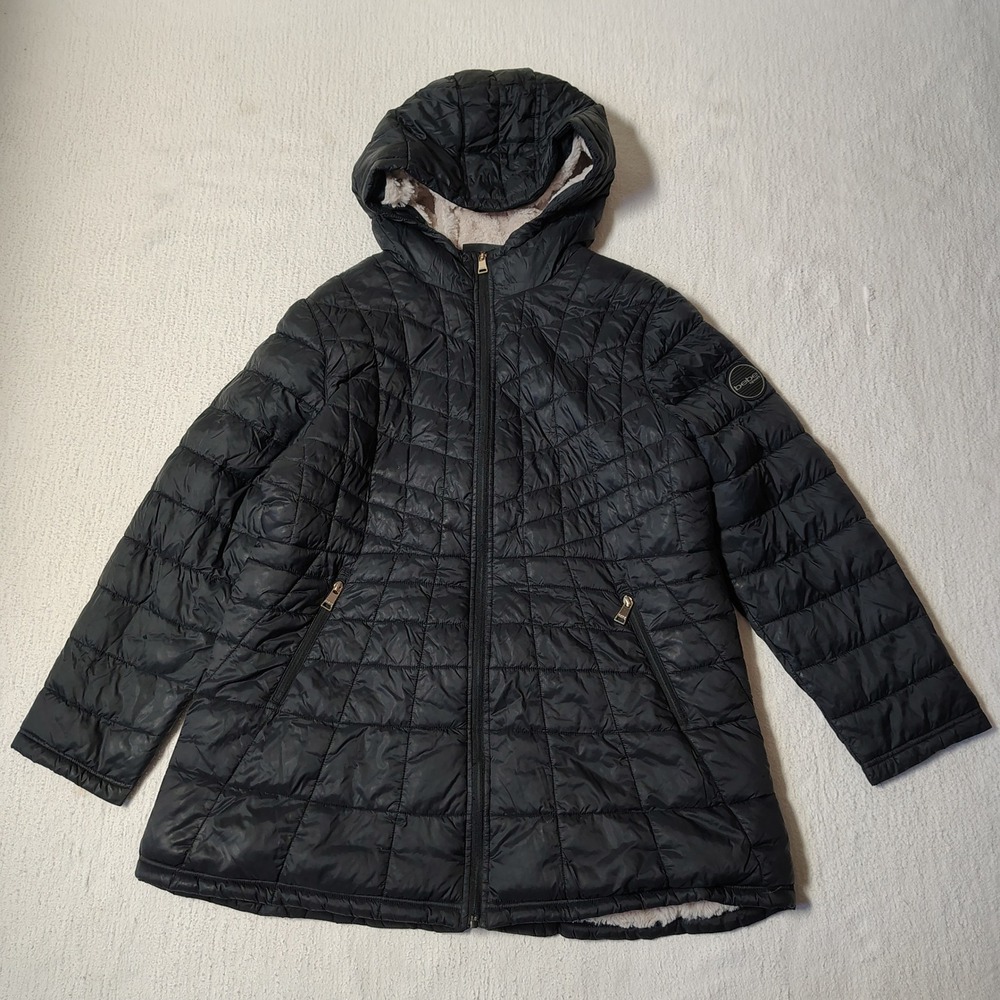 Bebe Sport Jacket Women 2X Black Quilted Faux Fur Lined Hooded Parka Puffer Coat